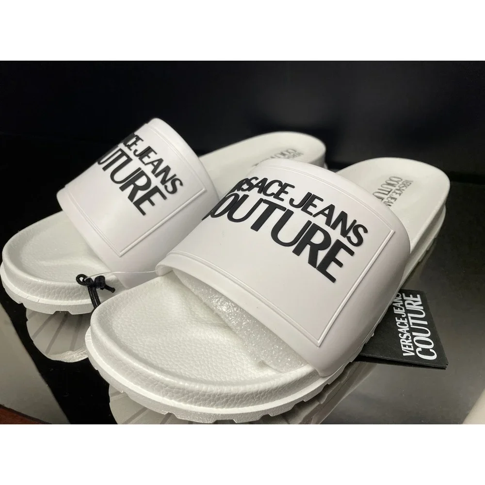 Versace Jeans Couture Mens White Black Logo Slide Sandals Summer Shoes New